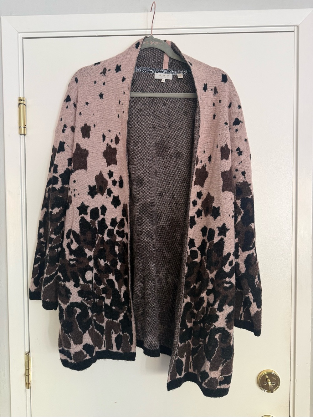 Ted Baker Pink and Brown Star & Leopard Open-Front Cardigan